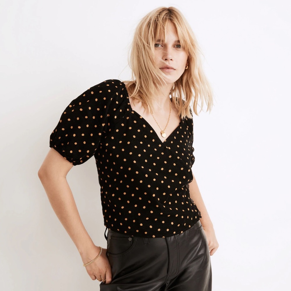 Madewell Black Polka Dot Puff-Sleeve Wrap Crop Top